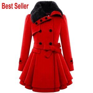 Faux Fur Lapel Wool Trench Coat Double-Breasted Winter Warm Jacket Chic